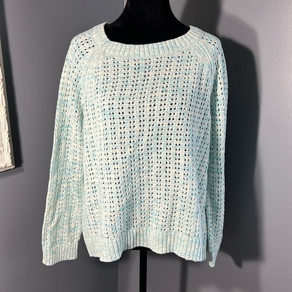 Talbots Women’s Open Knit Weave Chunky Sweater Mint Green White XL NWT Cotton - Picture 1 of 8